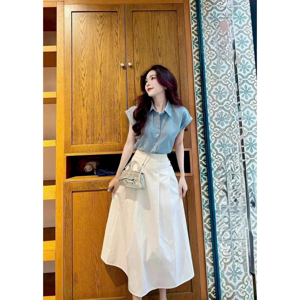 Set đồ nữ áo sơ mi nữ ngắn tay mix chân váy maxi trắng thanh lịch Lavil Boutique
