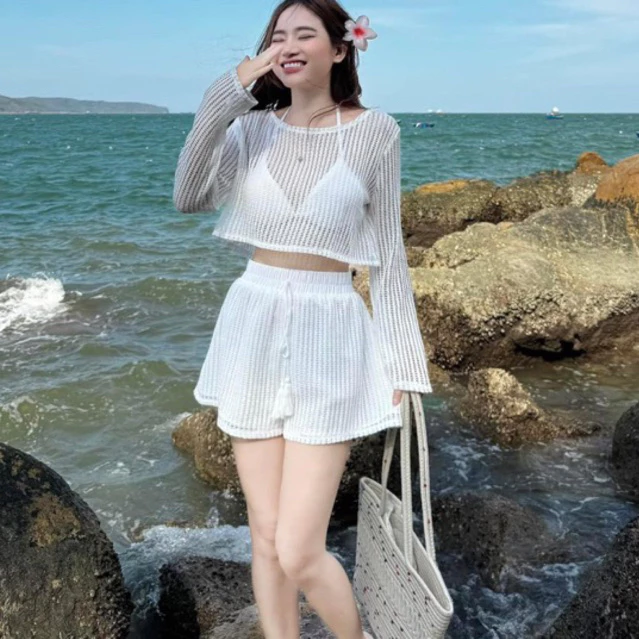 Set bộ ba món đi biển cho nữ set bikini kèm khoác cực xinh cho nữ đi chơi đi biển năng động kín đáo