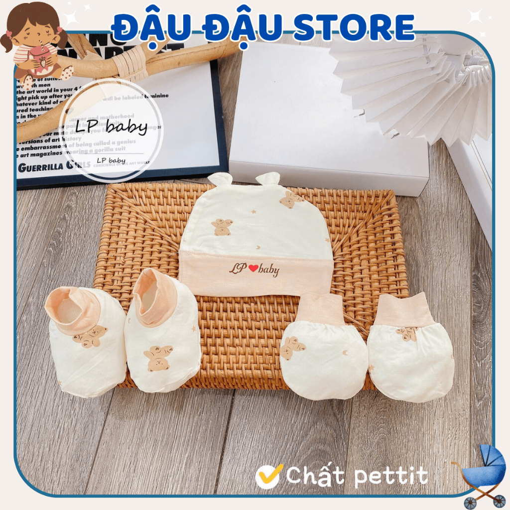 Mũ Bao Tay Bao Chân size 0- 3 tháng Bo Viền Hồng Cho Bé  - Thun Lạnh mềm mịn thoáng mát co giãn in họa tiết BC01 Đậu Đậu