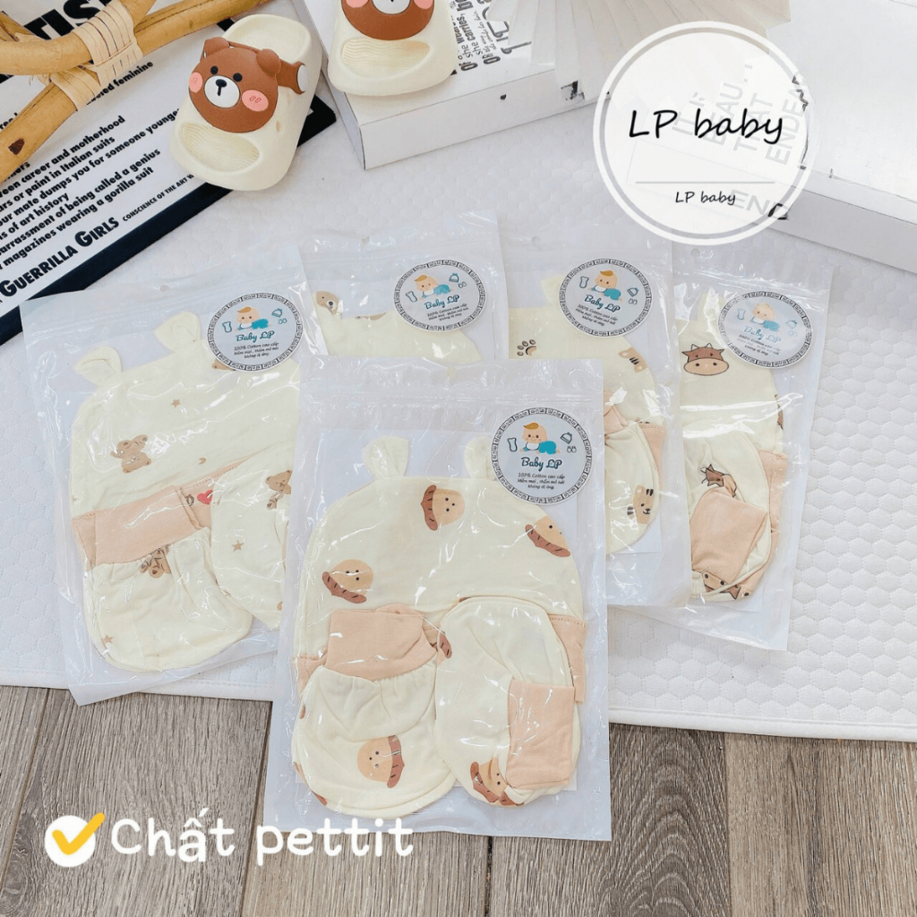 Mũ Bao Tay Bao Chân size 0- 3 tháng Bo Viền Hồng Cho Bé  - Thun Lạnh mềm mịn thoáng mát co giãn in họa tiết BC01 Đậu Đậu