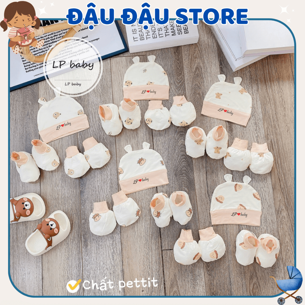 Mũ Bao Tay Bao Chân size 0- 3 tháng Bo Viền Hồng Cho Bé  - Thun Lạnh mềm mịn thoáng mát co giãn in họa tiết BC01 Đậu Đậu