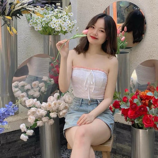 Áo ống croptop cột dây phối ren kiểu nữ đen trắng trơn ôm body chất xốp co giãn VANISA CT072
