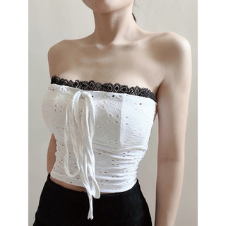 Áo ống croptop kiểu phối ren cột dây nữ đen trắng trơn ôm body chất xốp co giãn VANISA CT072