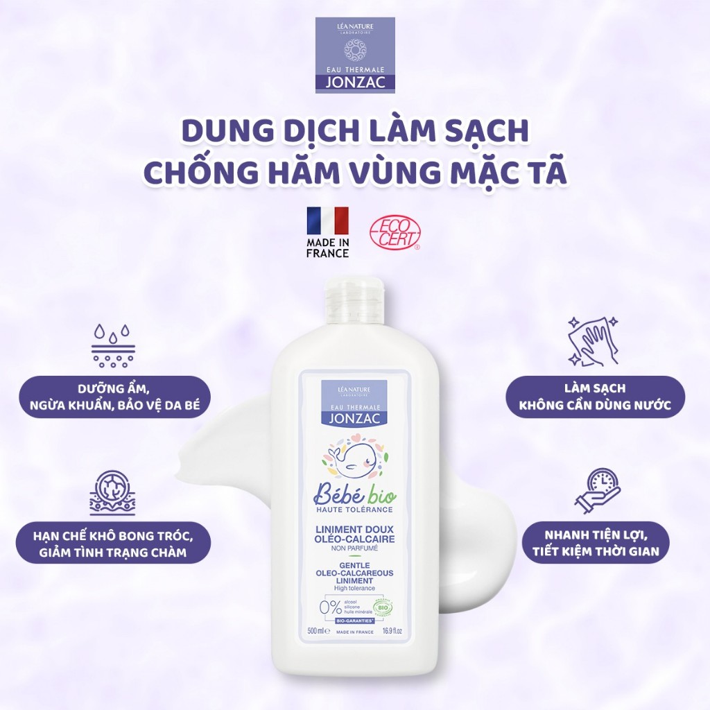 (QUÀ KHÁCH HÀNG THÂN THIẾT) Dung dịch vệ sinh chống hăm tã hữu cơ JONZAC - Giữ ẩm làm mềm nuôi dưỡng làn da bé 500ML