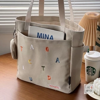 Túi tote vải canvas thêu chữ sức chứa lớn phom to đeo vai đựng vừa laptop tiện dụng cho nữ nhiều ngăn đi học đi chơi