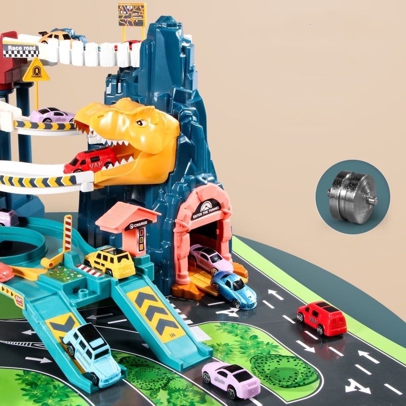 Đồ Chơi Đường Hầm Sư Tử Khủng Long Đường Đua Siêu Tốc  Xe Ô Tô Đường Ray Sư Tử Kèm 4 Xe Mini - Đồ Chơi Cho Bé PUKAPI