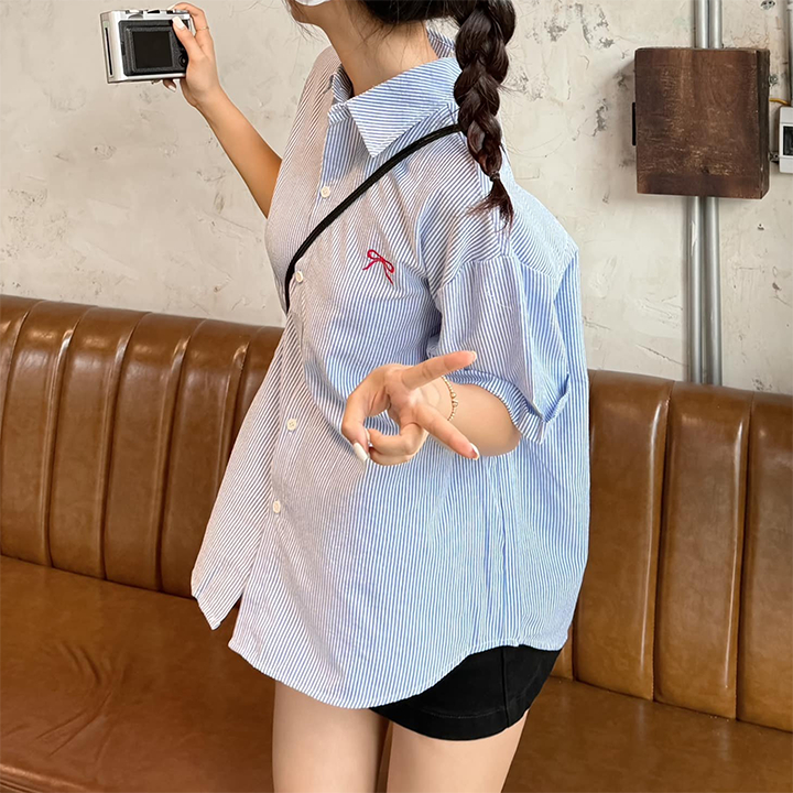 Ảnh Áo sơ mi nữ tay ngắn sọc nơ thêu săn tay THOCA HOUSE trẻ trung, sơ mi Hàn Quốc cực xinh 4