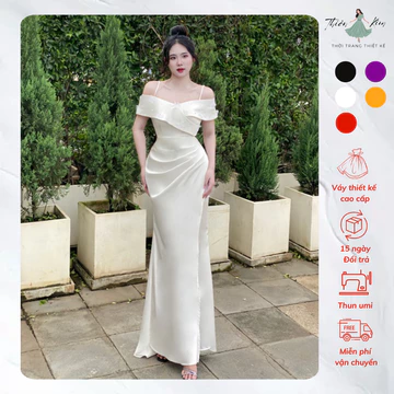 Đầm Dạ Hội Phi Lụa Hồ Điệp Bẹt Vai Trẻ Trung, Váy Dạ Tiệc Trung Niên Cao Cấp Bigsize Mã Dạ Hội M42