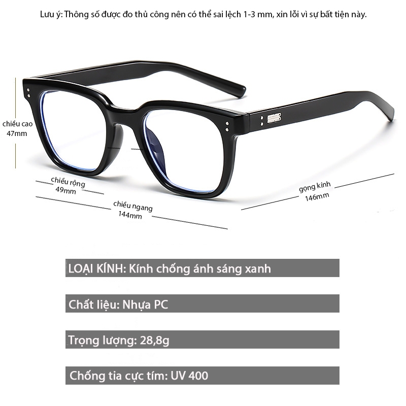 Gọng kính cận vuông nữ nam thời trang basic dễ đeo tròng kính không độ chống tia UV bảo vệ mắt 520