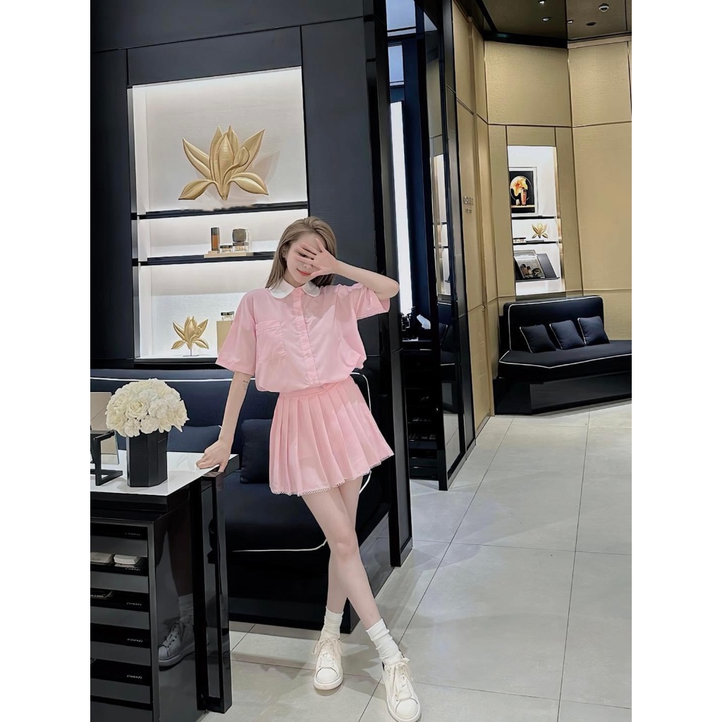 Set Bộ Nữ áo sơ mi phối chân váy xếp ly kẻ,cạp chun (Có đệm vai,có quần bảo hộ)-MS56 Women
