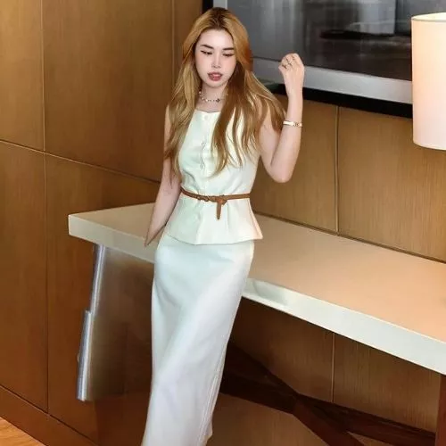 Set Áo Croptop 2 Dây Bản To Kèm Chân Váy Midi, Đầm Nữ Tiểu Thư 2 Dây Bảng To Chân Váy Dáng Xòe