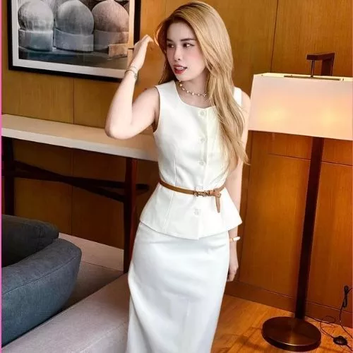 Set Áo Croptop 2 Dây Bản To Kèm Chân Váy Midi, Đầm Nữ Tiểu Thư 2 Dây Bảng To Chân Váy Dáng Xòe