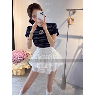 Áo len ôm cộc tay cổ tròn, hoạ tiết bông hoa thêu kiểu kẻ sọc ngang free size 559