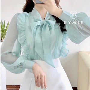 Áo sơ mi nữ tơ bèo vai, áo sơ mi cách điệu nơ cổ 2 lớp A1852 Kymie