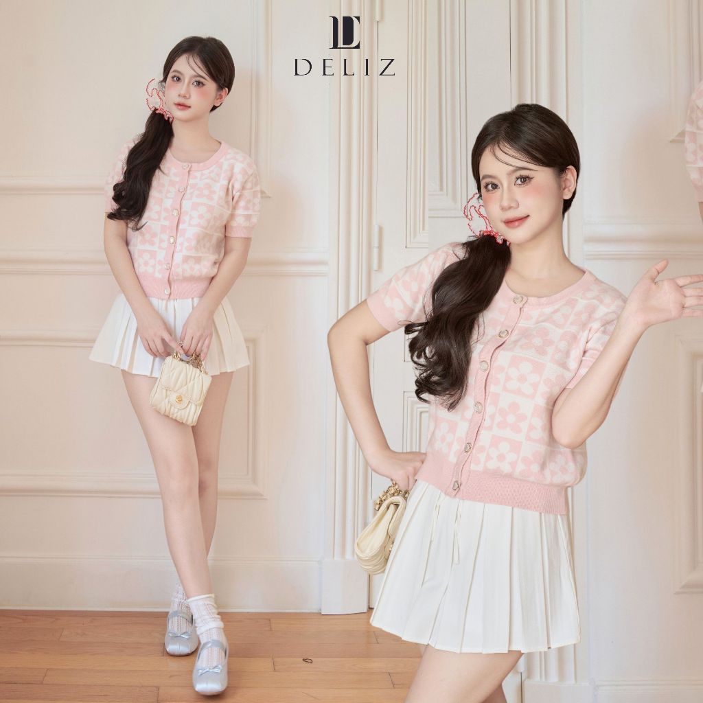 Áo len cardigan mỏng cổ tròn ngắn tay cúc ngọc họa tiết kẻ ô màu hồng ...
