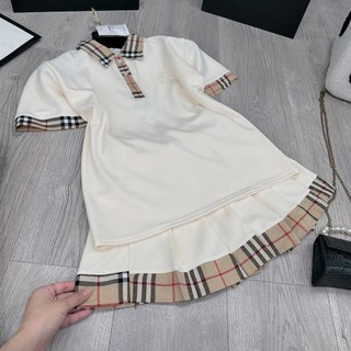 Set Bộ Đồ Nữ Áo Polo Nỉ Mì Kem TRơn Phối Kẻ Caro BBR Mix Chân Váy Xếp Ly Viền Gấu Kẻ Freesize