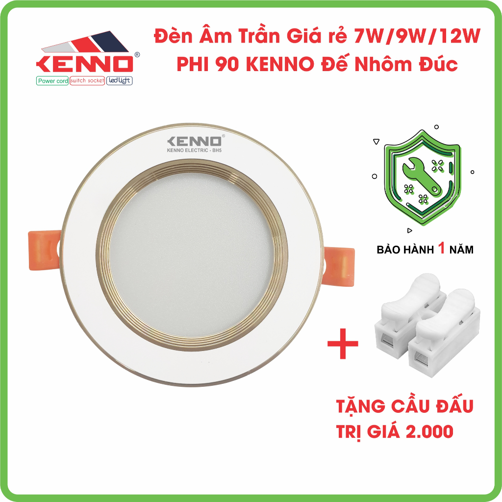 Đèn âm trần Q mạch liền nguồn DOB cao cấp KENNO 7W|9W|12W Viền vàng thẳng Phi 90