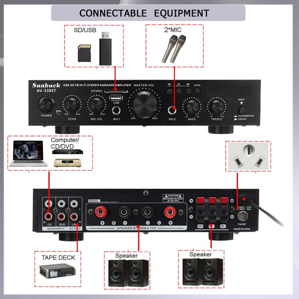 Amply Sunbuck AV 338ST Amply karaoke bluetooth công suất cao 300W HIFI kỹ thuật số âm thanh stereo loa vali 5 kênh