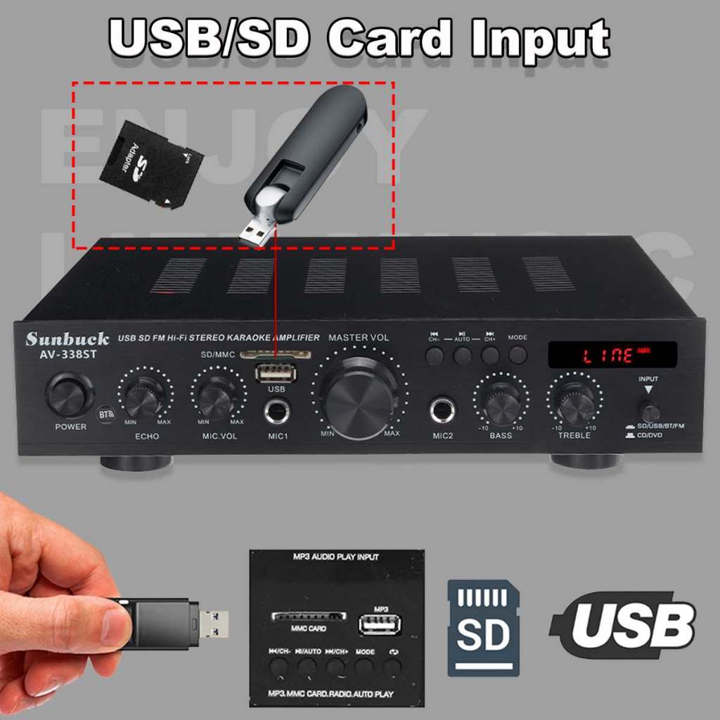 Amply Sunbuck AV 338ST Amply karaoke bluetooth công suất cao 300W HIFI kỹ thuật số âm thanh stereo loa vali 5 kênh