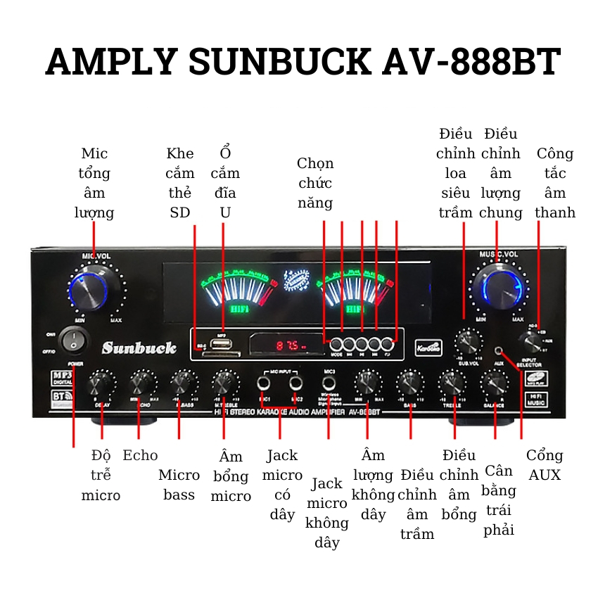 Ampli bluetooth karaoke Sunbuck AV-888BT- Bộ khuếch đại công suất 600W, hỗ trợ kết nối loa sub hơi và sub điện