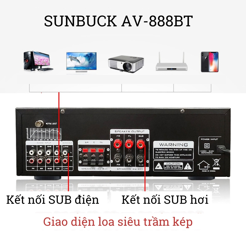 Ampli bluetooth karaoke Sunbuck AV-888BT- Bộ khuếch đại công suất 600W, hỗ trợ kết nối loa sub hơi và sub điện