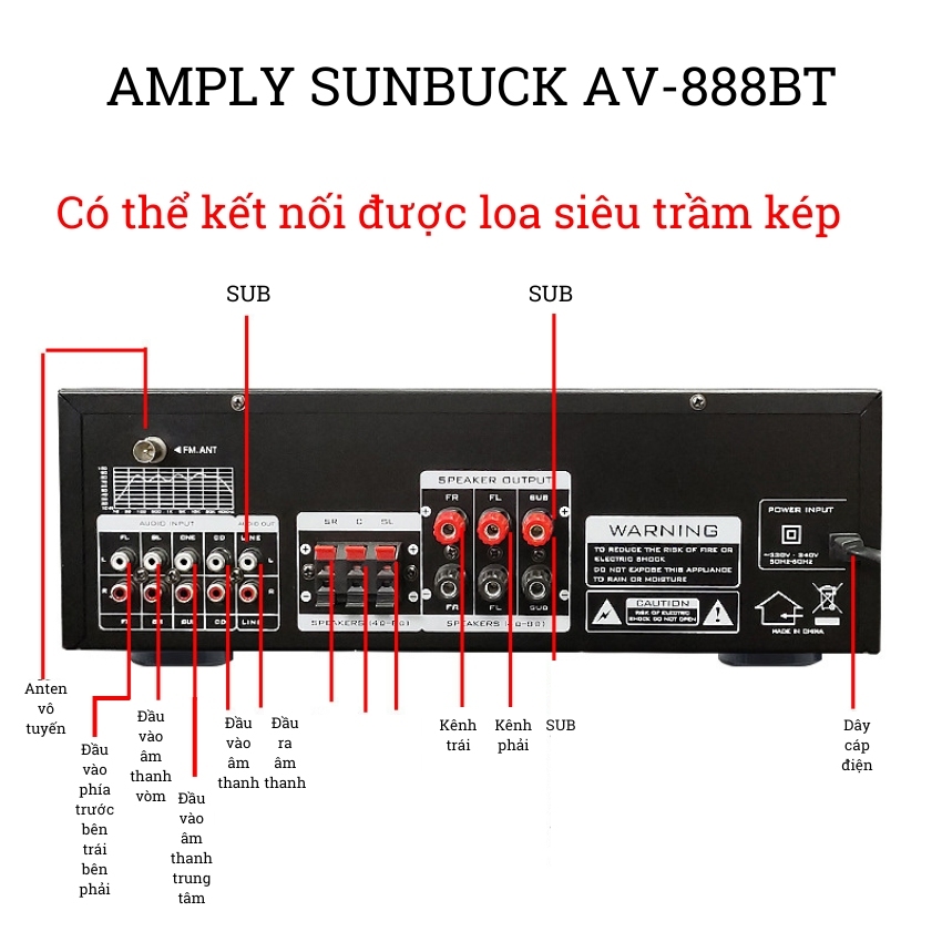 Ampli bluetooth karaoke Sunbuck AV-888BT- Bộ khuếch đại công suất 600W, hỗ trợ kết nối loa sub hơi và sub điện