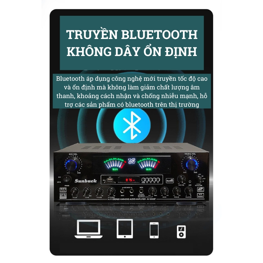 Ampli bluetooth karaoke Sunbuck AV-888BT- Bộ khuếch đại công suất 600W, hỗ trợ kết nối loa sub hơi và sub điện