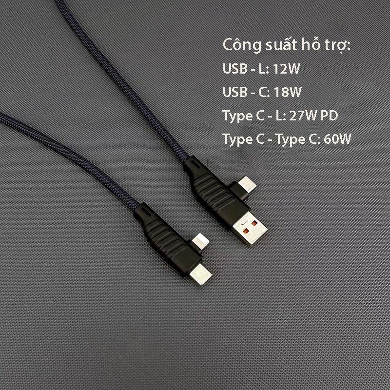 Dây cáp sạc nhanh 4 trong 1 - Dây mềm 1 mét - Công suất 27/65W PD - Bảo hành 6 tháng