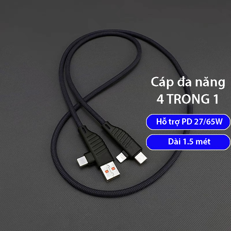 Dây cáp sạc nhanh 4 trong 1 - Dây mềm 1 mét - Công suất 27/65W PD - Bảo hành 6 tháng