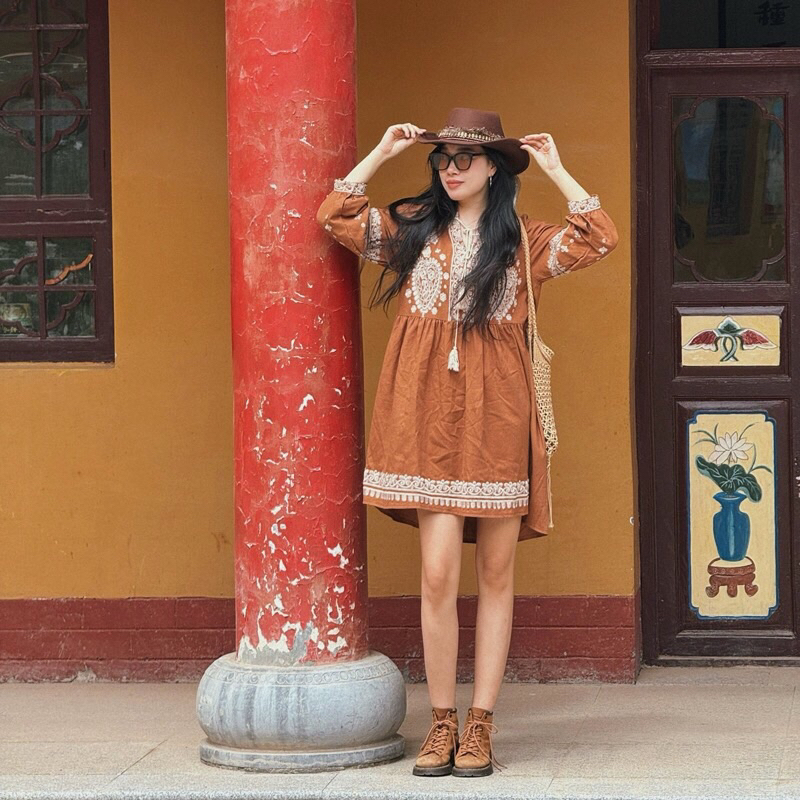 Đầm Thêu Hoa Vintage Thời Trang Bohemian Nữ