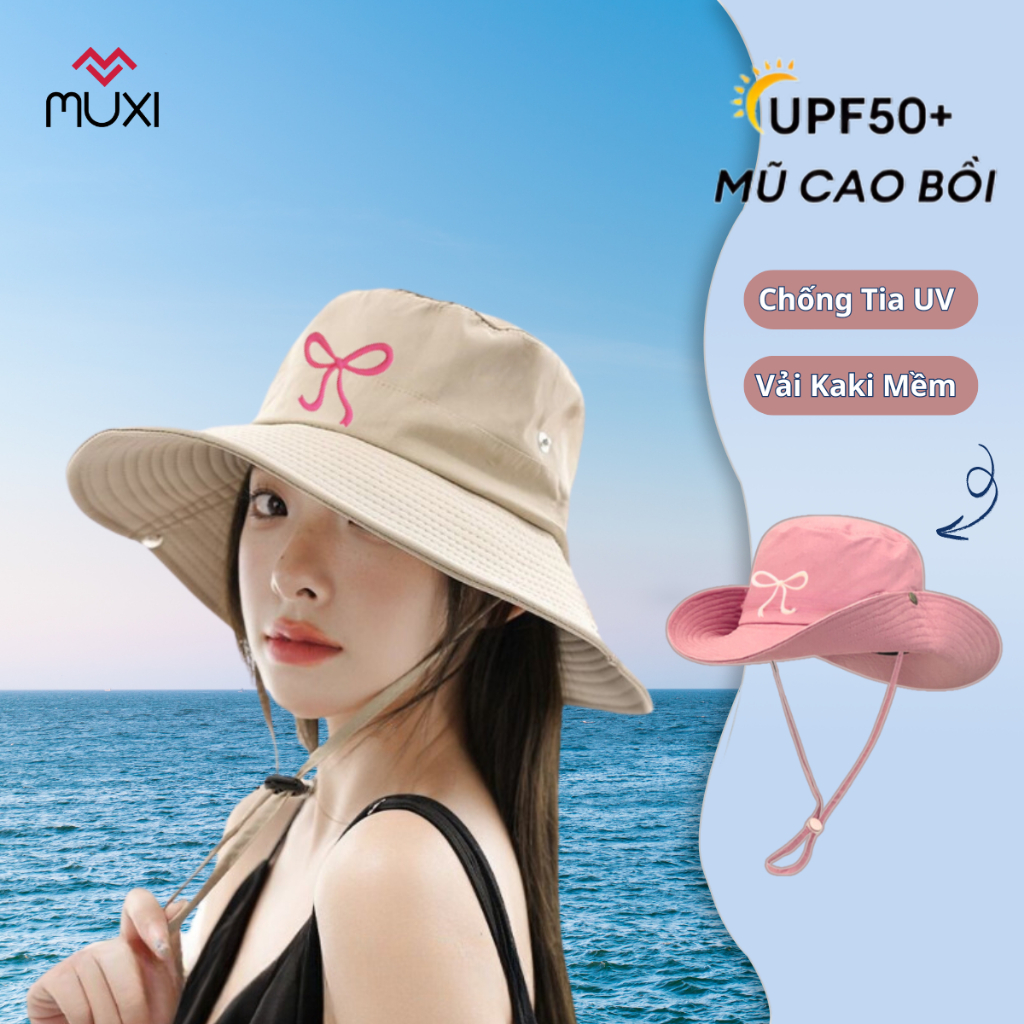 Mũ cao bồi nơ có dây rút, nón tai bèo đi biển chất vải KAKI cao cấp ...