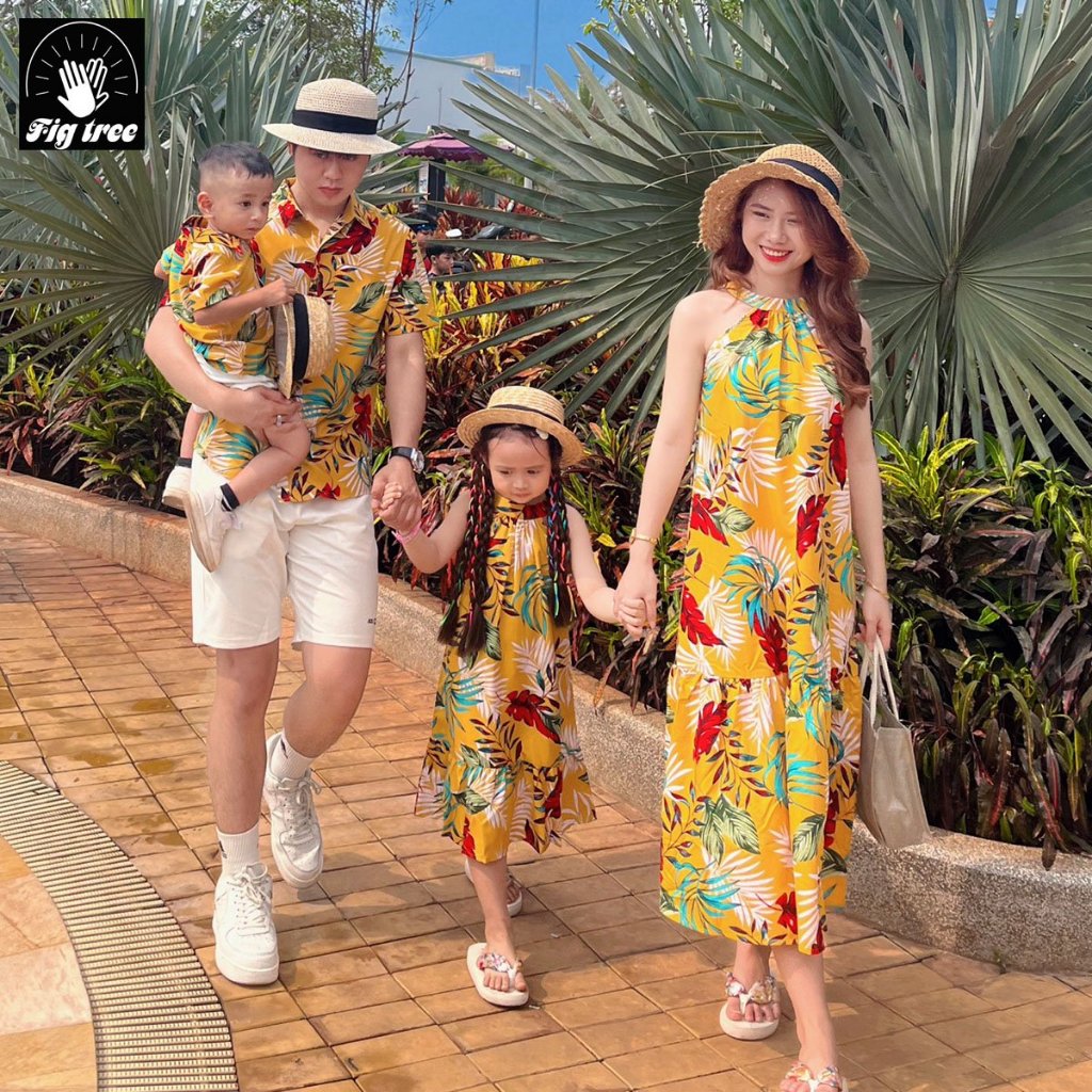 Áo Váy Gia Đình Fig Tree Họa Tiết Chiếc Lá Vàng Mùa Hè, chất dày dặn Hàng thiết kế nhiều size MS 182