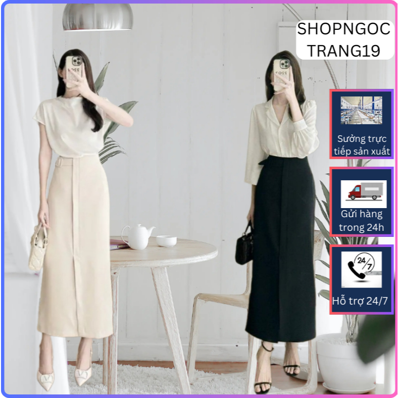 Chân Váy Suông Dài 90cm Sẻ Trước Thanh Lịch - SHOPNGOCTRANG19-Chất Liệu Vitex Lót Lụa-CV57