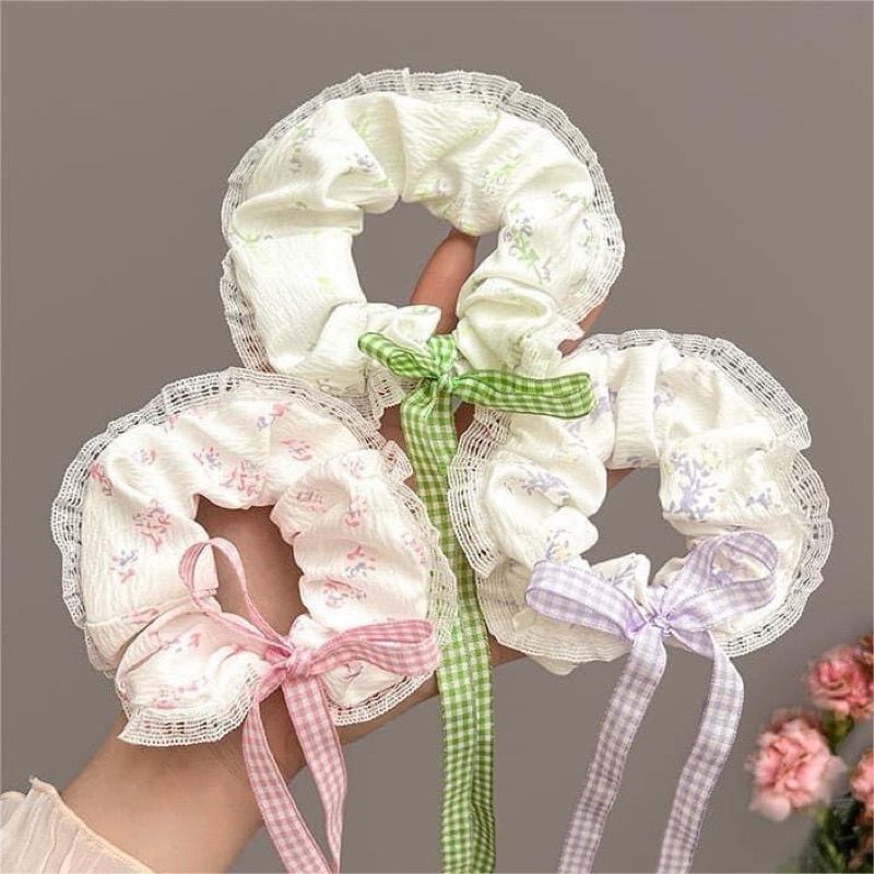 Dây Cột Tóc Scrunchies Đính Nơ Hoạ Tiết Hoa Nhí Viền Ren Tiểu Thư Phụ Kiện Tóc Nữ và Bé Gái