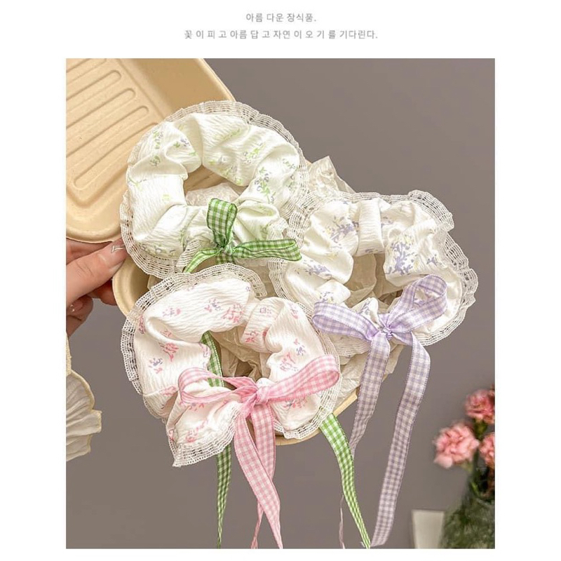 Dây Cột Tóc Scrunchies Đính Nơ Hoạ Tiết Hoa Nhí Viền Ren Tiểu Thư Phụ Kiện Tóc Nữ và Bé Gái