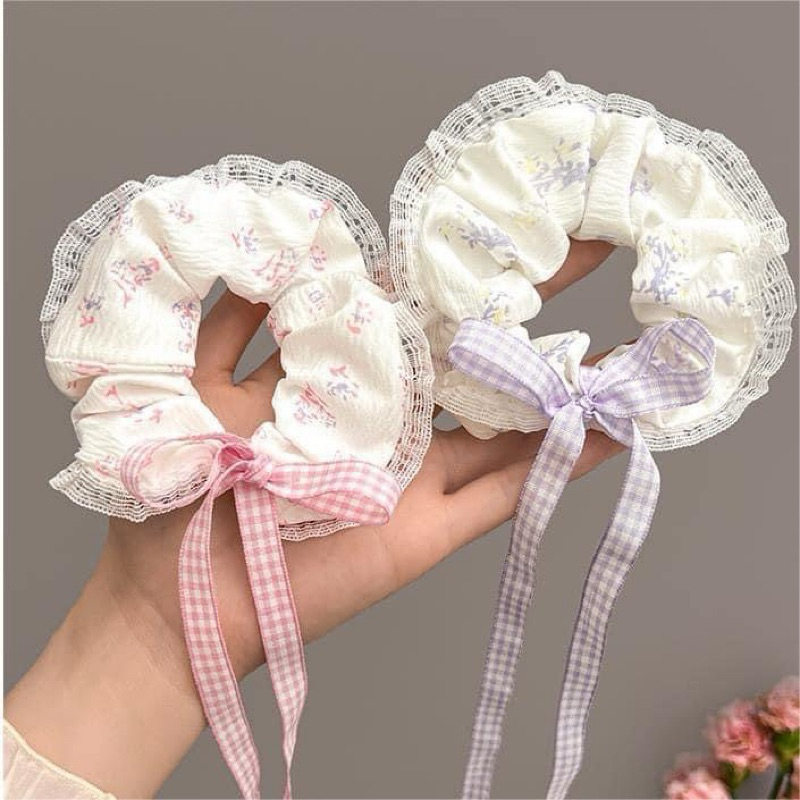 Dây Cột Tóc Scrunchies Đính Nơ Hoạ Tiết Hoa Nhí Viền Ren Tiểu Thư Phụ Kiện Tóc Nữ và Bé Gái