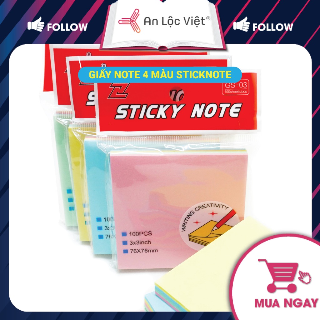 Set 5 Tập 100 Tờ Giấy Note Sticknote 3x3 Ghép 4 màu có kích thước 3x3 ...