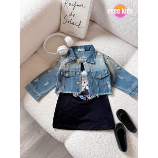 Váy bé gái,Sét áo khoác jean mix váy 2 dây hoạ tiết Labu