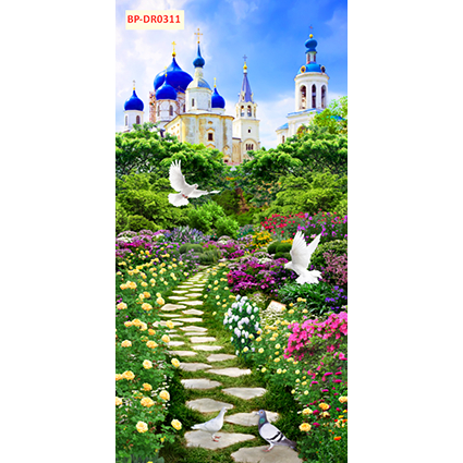 Tranh lụa 3D dán tường con đường hoa và cây thơ mộng khổ dọc