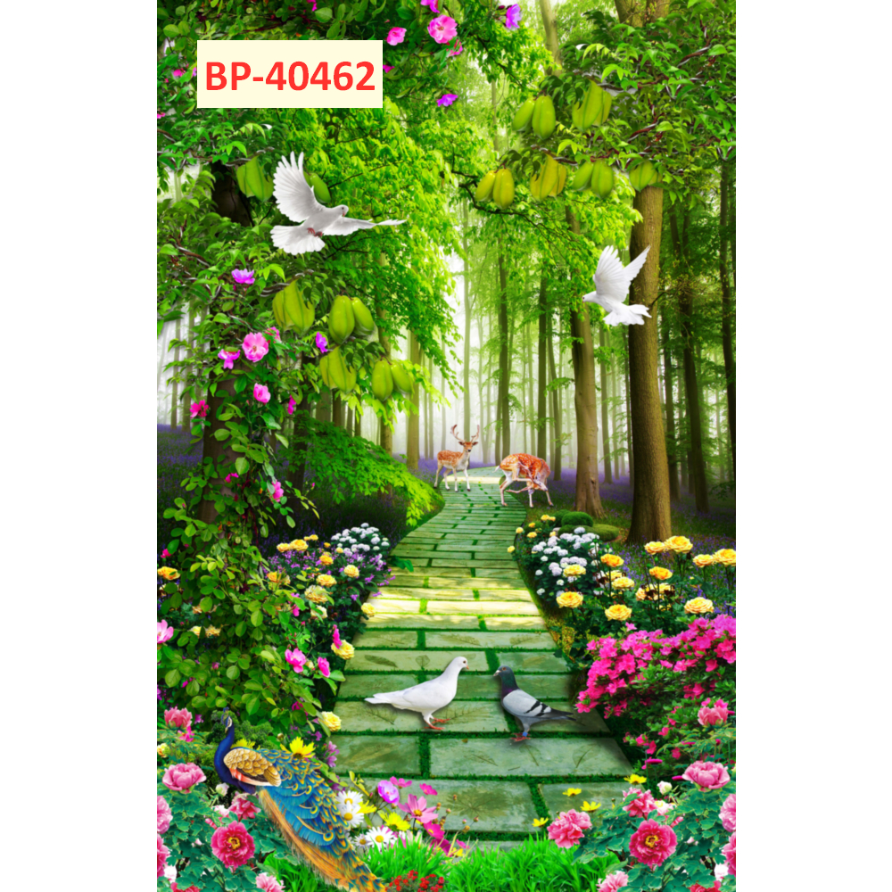 Tranh lụa 3D dán tường con đường hoa và cây thơ mộng khổ dọc