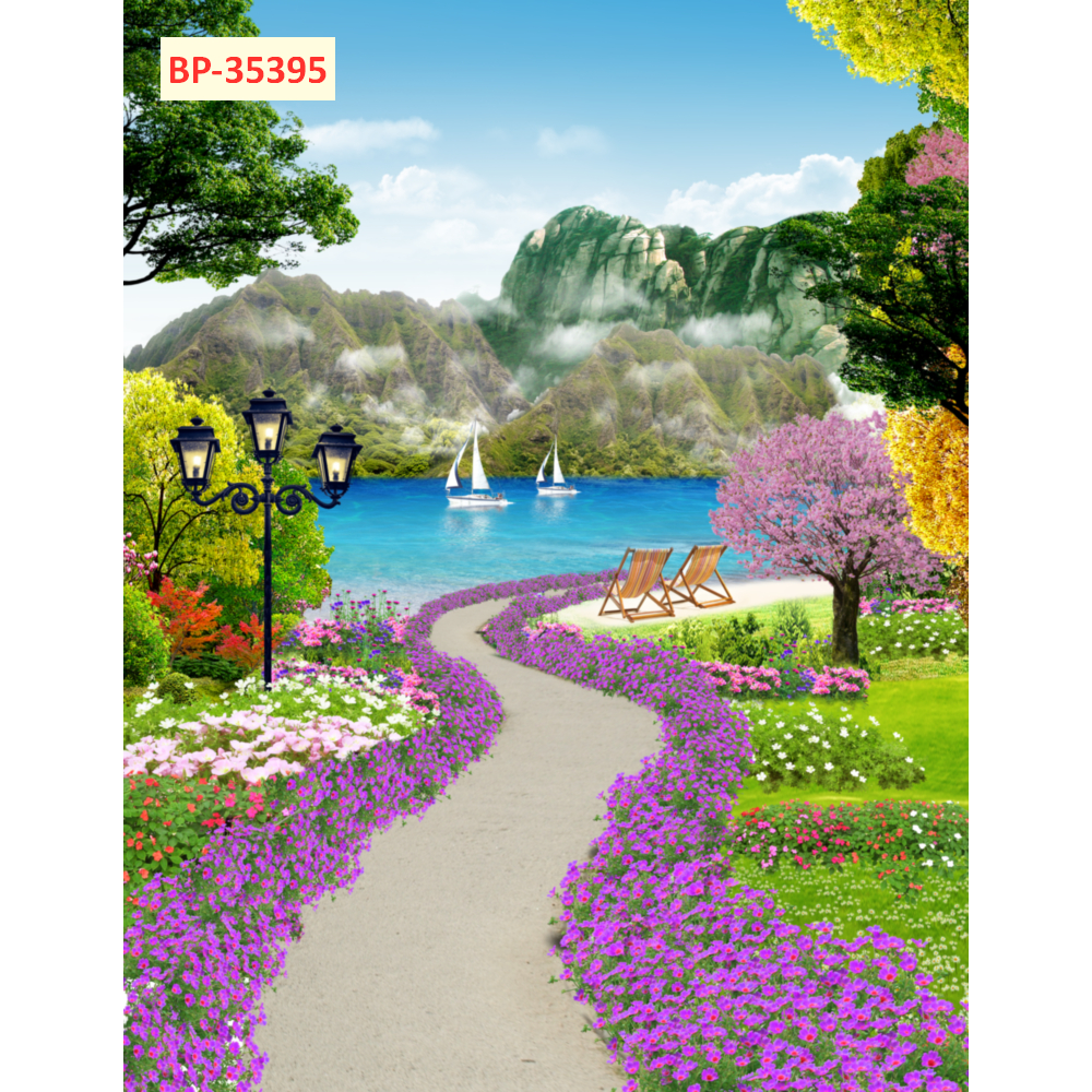 Tranh lụa 3D dán tường con đường hoa và cây thơ mộng khổ dọc