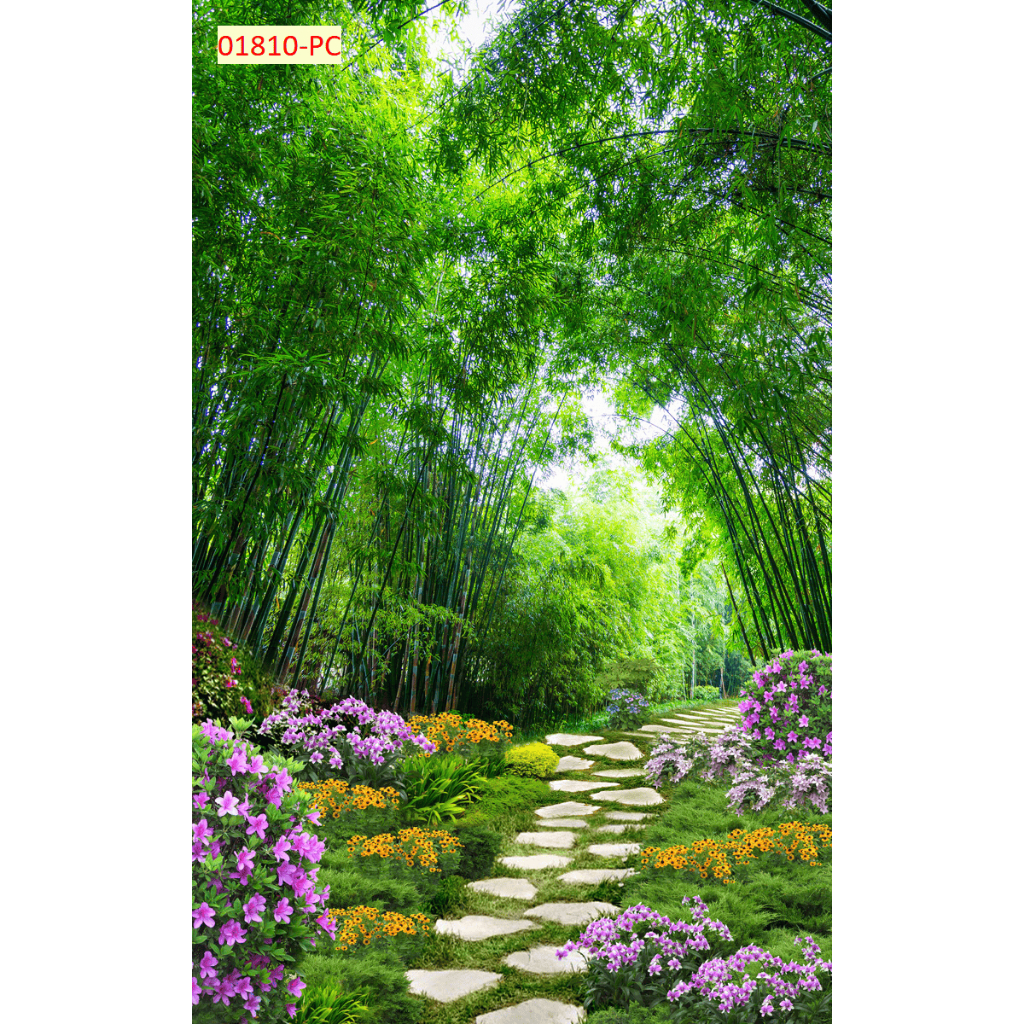 Tranh lụa 3D dán tường con đường hoa và cây thơ mộng khổ dọc