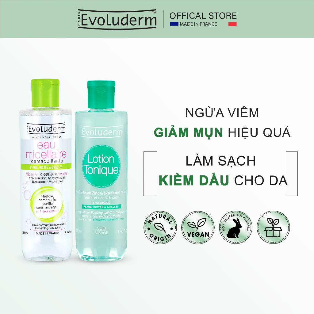 Ảnh Combo chăm da hỗn hợp dầu mụn với nước hoa hồng và nước tẩy trang Evoluderm 250ml 1