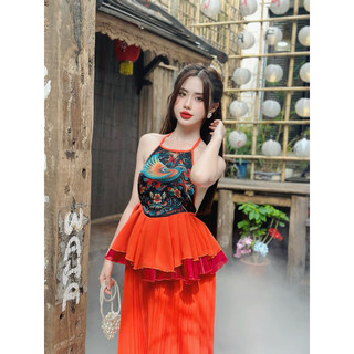 Sét áo yếm bèo phối váy dập ly 🔥hottrend  (váy yếm chụp sen, yếm múa, yếm Hội An, yếm Trung Thu)