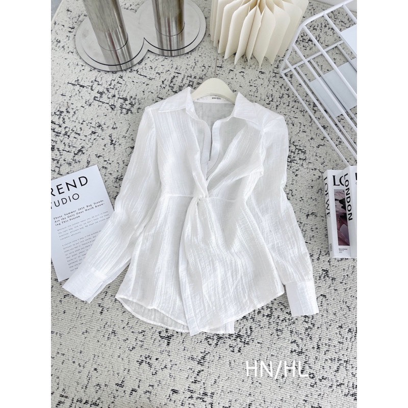 áo sơ mi nữ đũi dài tay dáng rộng thiết kế, áo sơ mi nữ thiết kế kiểu xoắn thanh lịch huyenstore.23 (A146)