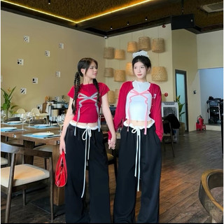 Áo croptop thun tăm kiểu thái đính nơ caro to trắng đen đỏ sang trọng VANISA CT076