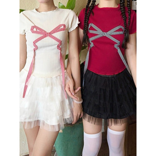 Áo croptop thun tăm kiểu thái đính nơ caro to trắng đen đỏ sang trọng VANISA CT076