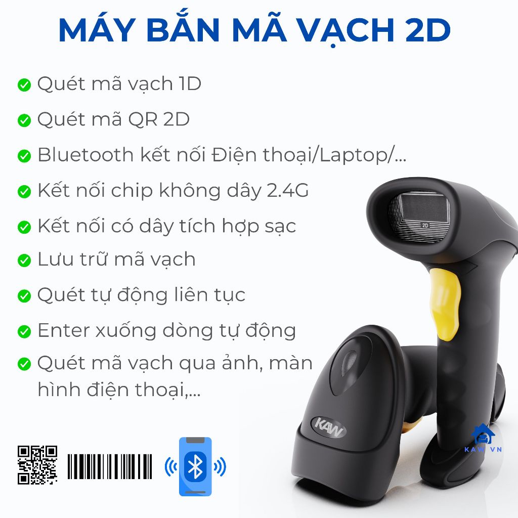 Máy quét mã vạch không dây Bluetooth KAW cao cấp, quét mã vạch, quét mã ...
