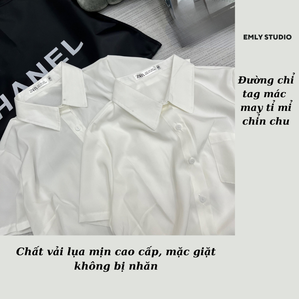 EMLY -  Áo Sơ Mi Nữ Cộc Tay Lụa Trắng HIỀN HỒ , Áo Sơ Mi Trắng Trơn Cộc Tay Có Túi (KHÔNG BỊ NHĂN )