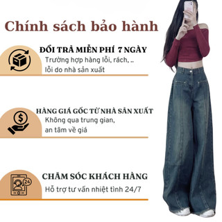 Quần Jean Ống Rộng Cạp Cao 247Store Dáng Dài Ôm Eo Màu Đậm Vintage Đi Học Đi Làm